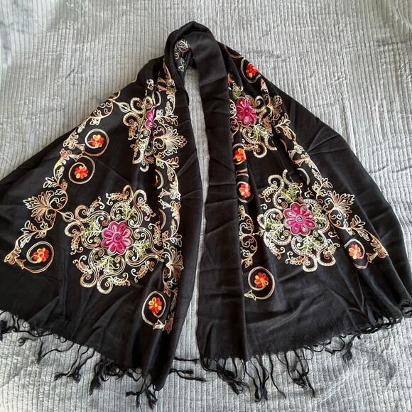 Matices Scares scarfs Floral print Fringes Boho Hippie Embroidered Beaded OS - Picture 2 of 8